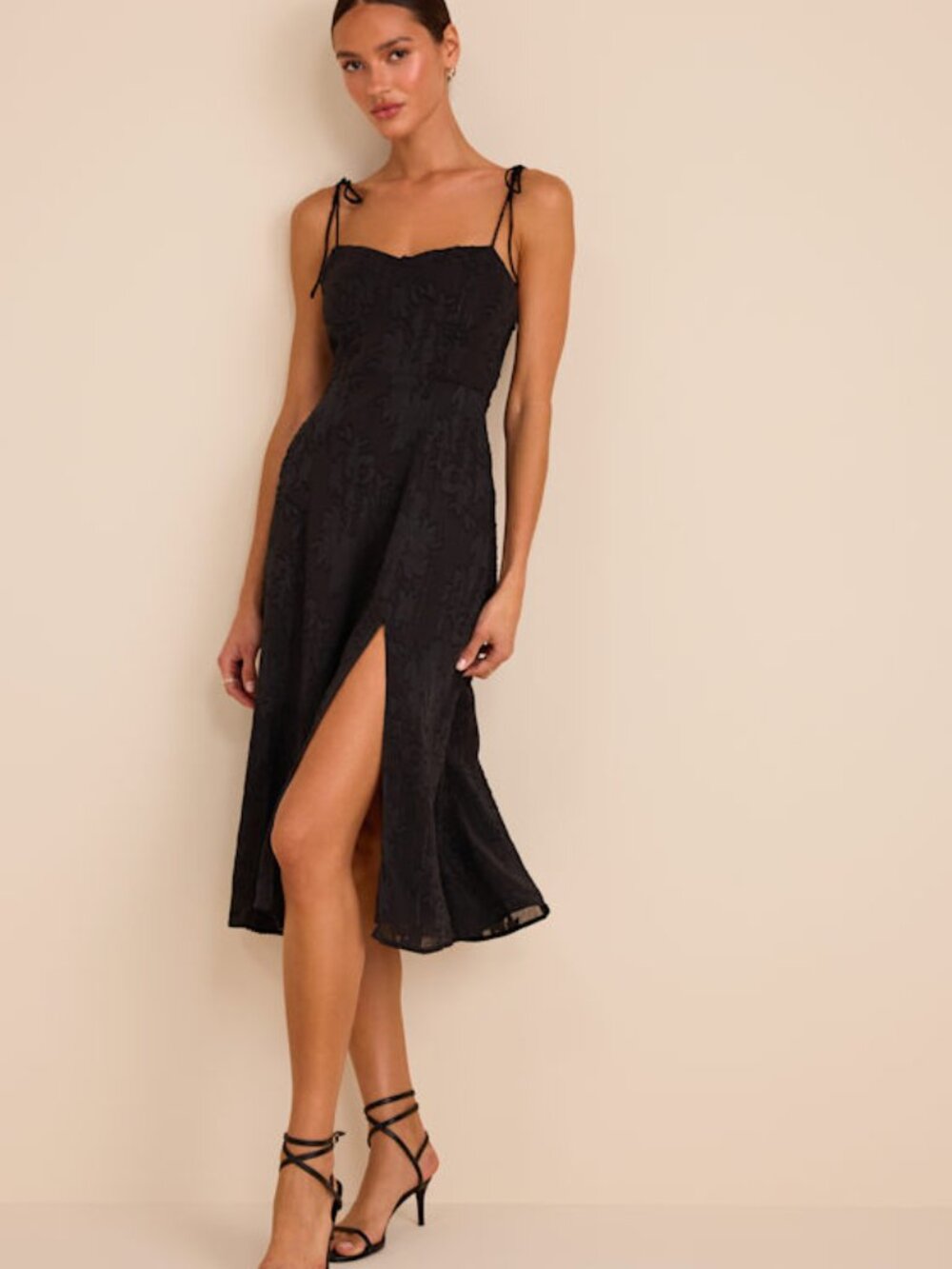 Lulus Loveliest Looks Black Floral Jacquard Tie-strap Midi Dress - Size L